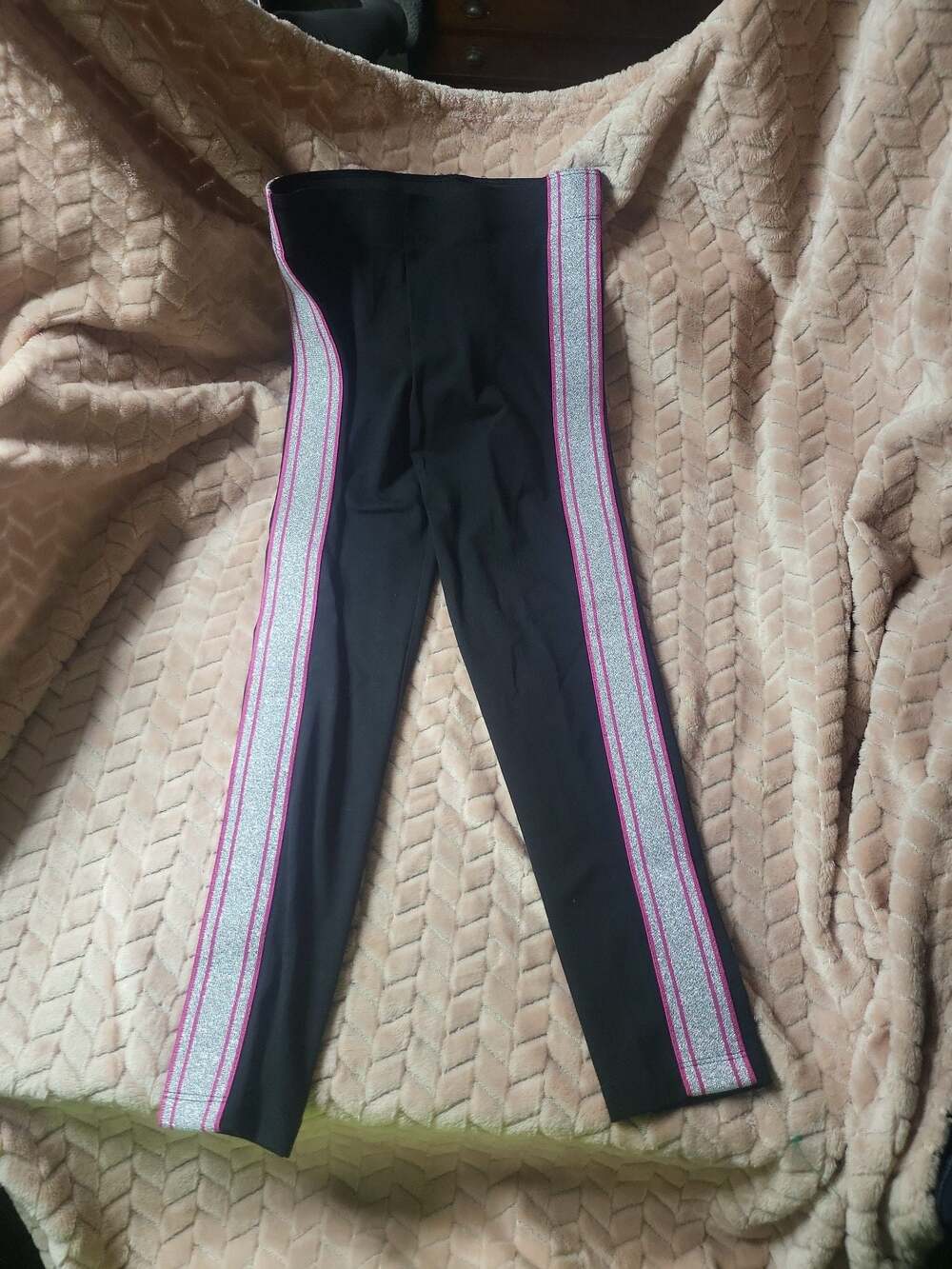 Arena Girls Black Leggings with Pink and Silver Glitter Side Stripes